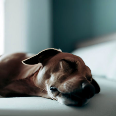 Tranquil Slumber Dog Peacefully Sleeping on Sleek Minimalist Bedの素材