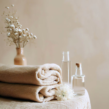 Towels bottle liquid vase flowers table beige cream natural tones small wellness relaxation poolの素材