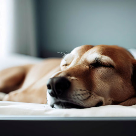 Tranquil Slumber Dog Peacefully Sleeping on Sleek Minimalist Bedの素材