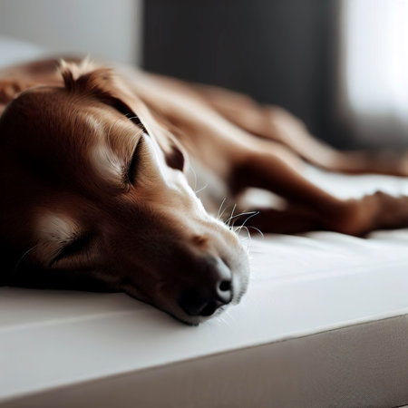 Tranquil Slumber Dog Peacefully Sleeping on Sleek Minimalist Bedの素材