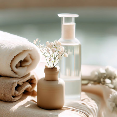 Towels bottle liquid vase flowers table beige cream natural tones small wellness relaxation poolの素材