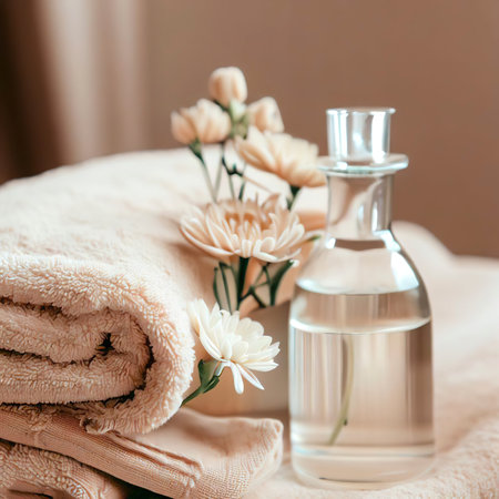 Towels bottle liquid vase flowers table beige cream natural tones small wellness relaxation poolの素材