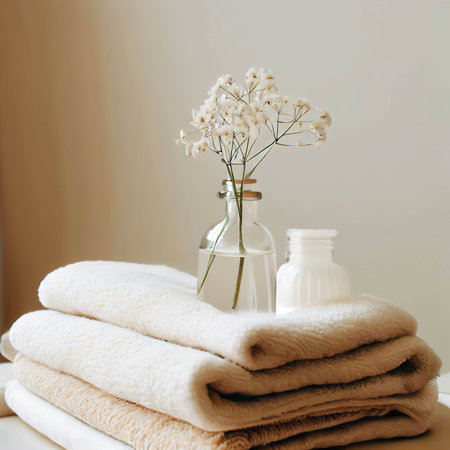 Towels bottle liquid vase flowers table beige cream natural tones small wellness relaxation poolの素材