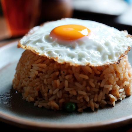 A plate of fried rice with a fried egg on topの素材