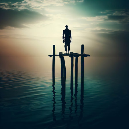 Beautiful picture of a male silhouette standing on the wooden stilts on the waterの素材