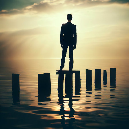 Beautiful picture of a male silhouette standing on the wooden stilts on the waterの素材