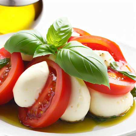 Caprese salad with tomatoes mozzarella basil and olive oil on a white backgroundの素材