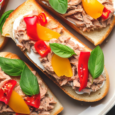 Close up of sandwiches with canned tuna pepper and basil on cream cheese on a plate top viewの素材