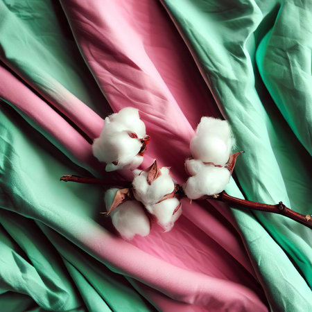 Cotton branch on green and pink crumpled fabricの素材