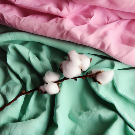 Cotton branch on green and pink crumpled fabricの素材