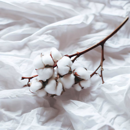 Cotton branch on white crumpled fabricの素材