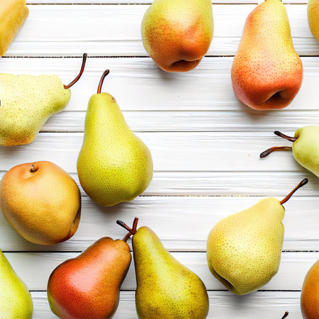 Fresh pears a large set of pears fruits free space for text on a white wooden background top viewの素材