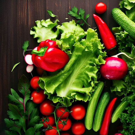Green and red fresh vegetables, red peppers, radishes, tomatoes, green salad are on a dark wooden table, flat layの素材