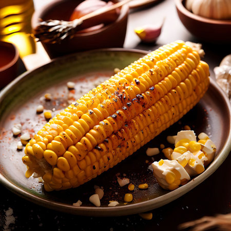 Grilled corn with spices butter and garlic on a plate on the tableの素材