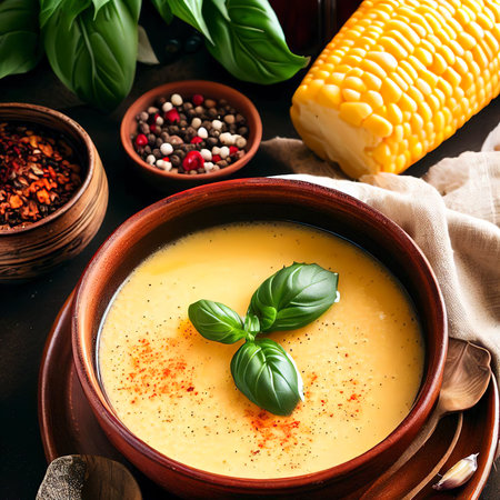 Homemade corn creame soup with spices and basil in a bowl on the table vertical viewの素材