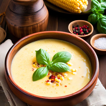 Homemade corn creame soup with spices and basil in a bowl on the table vertical viewの素材