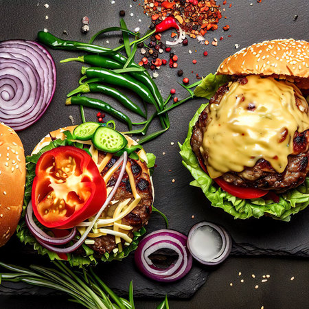 Homemade hamburger with fresh vegetables meat and cheese top view on a black stone backgroundの素材