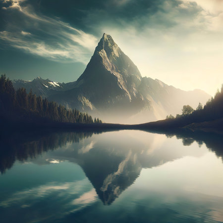 Majestic mountain peak reflects in tranquil pondの素材