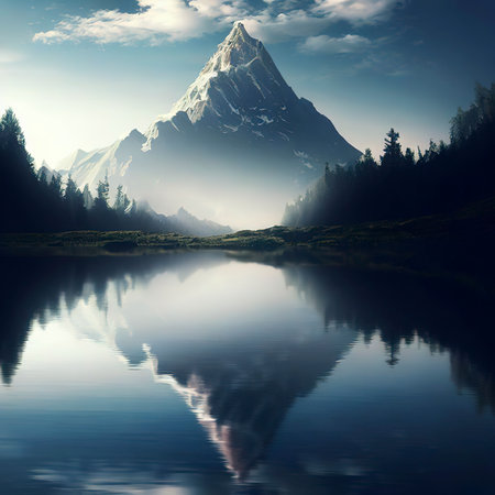 Majestic mountain peak reflects in tranquil pondの素材