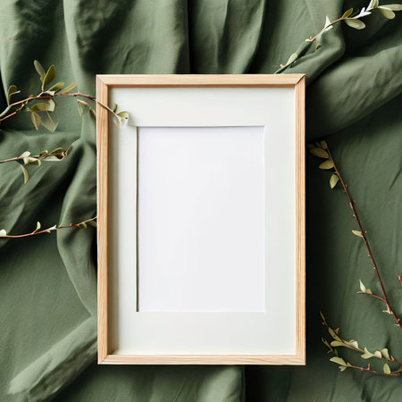 Mockup blank photo frame and branches on green cotton fabric top and vertical viewの素材