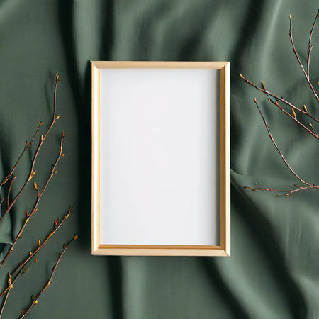Mockup blank photo frame and branches on green cotton fabric top and vertical viewの素材