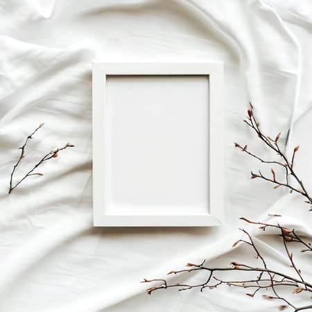 Mockup blank photo frame and branches on white cotton fabric top and vertical viewの素材