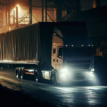 Night white trucking delivers cargo to steel warehouseの素材