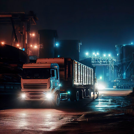 Night white trucking delivers cargo to steel warehouseの素材