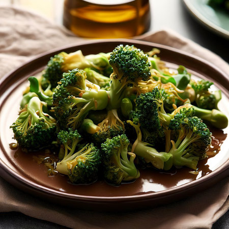 Roasted fresh broccoli sprouts in oil on a plate on the table vertical viewの素材