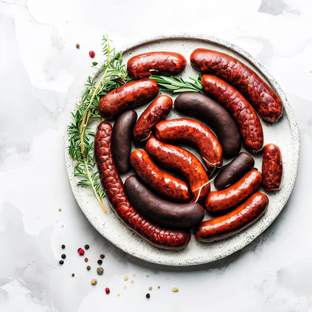 Smoked hunting sausages on a white stone plate top view free copy spaceの素材