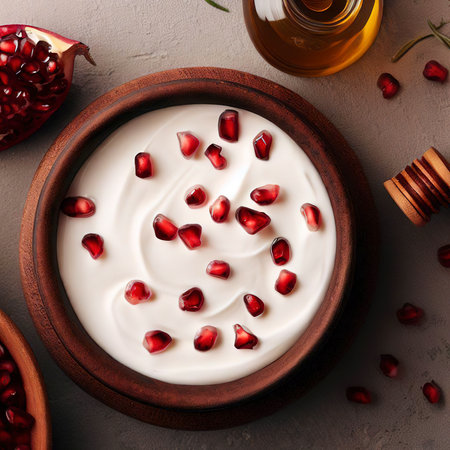 Top view of yogurt with pomegranate and oilの素材