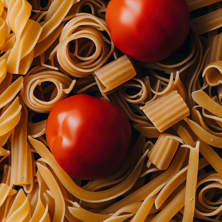 Top view raw pasta and tomatoesの素材