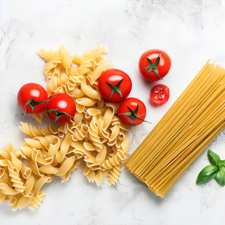 Top view raw pasta and tomatoes on a white stone background top viewの素材