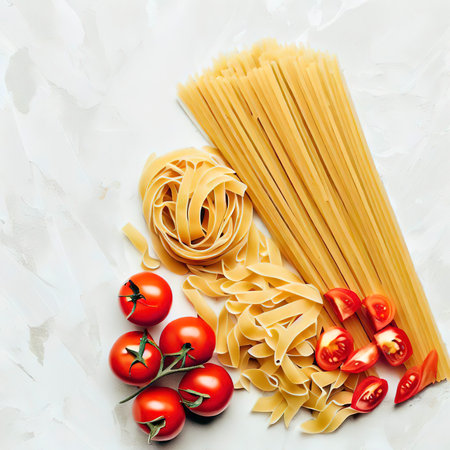 Top view raw pasta and tomatoes on a white stone background top viewの素材