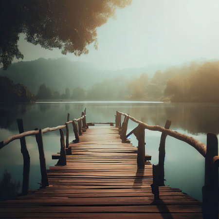 Wooden bridge with lake backgroundの素材