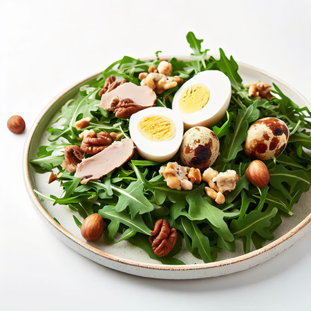 Arugula salad with turkey nuts and quail eggs on white backgroundの素材
