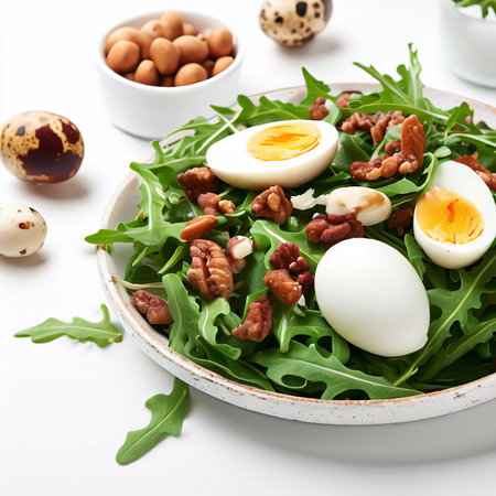 Arugula salad with turkey nuts and quail eggs on white backgroundの素材