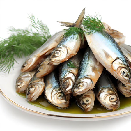 Canned sprats fish in oil and dill on a plate on white backgroundの素材