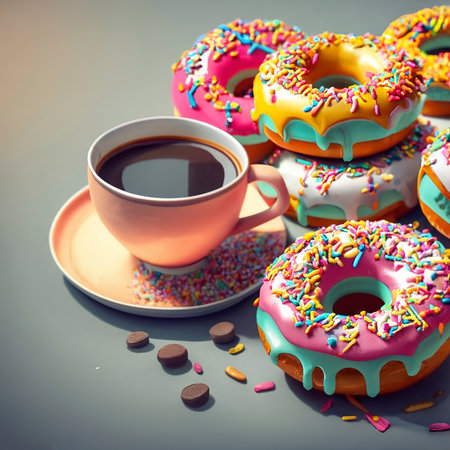 Colorful donuts and coffee 3d renderの素材