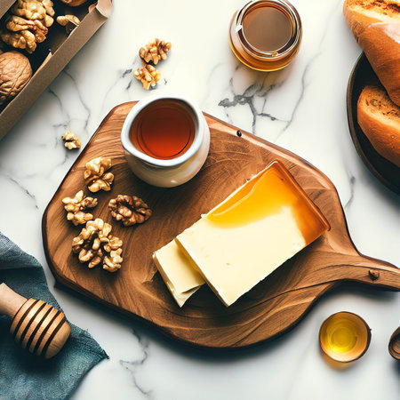 Trendy butter board with honey and walnuts for breakfast on the table top viewの素材
