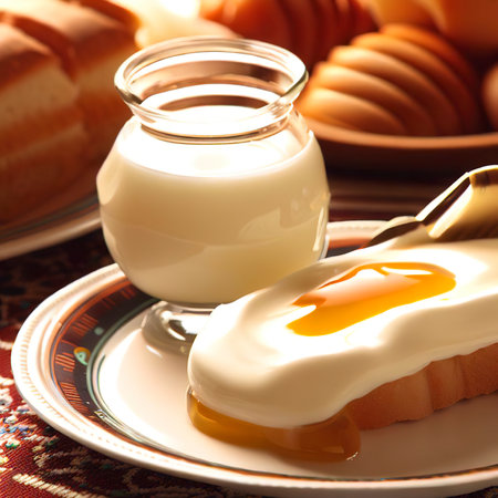 turkish creamy dairy kaymak honey and bread on a breakfast plateの素材