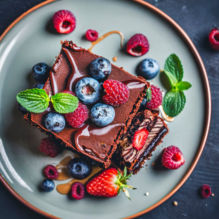 Delicious brownie with berries served on plateの素材