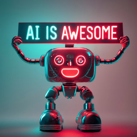 Robot colored in neon lights holding a sign that says AI is Awesomeの素材