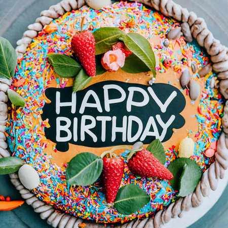 text HAPPY BIRTHDAY surrounded by a cakeの素材