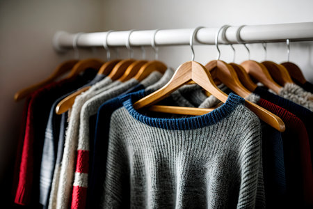 Warm knitted clothes hanging on a rackの素材