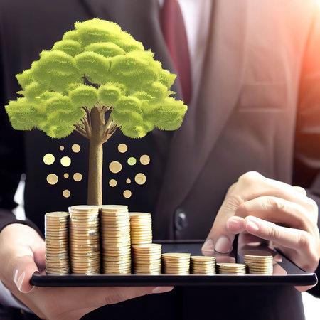Businessman holding a tablet with coins stack and tree,Lucky economic growth conceptの素材