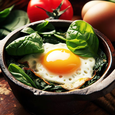 fresh baked egg with spinach and tomatoの素材