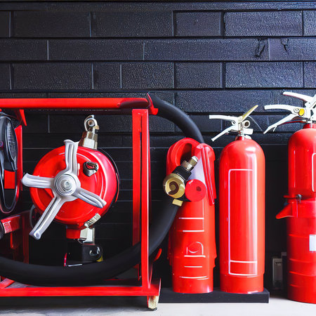 fire extinguish equipment with black brick wallの素材
