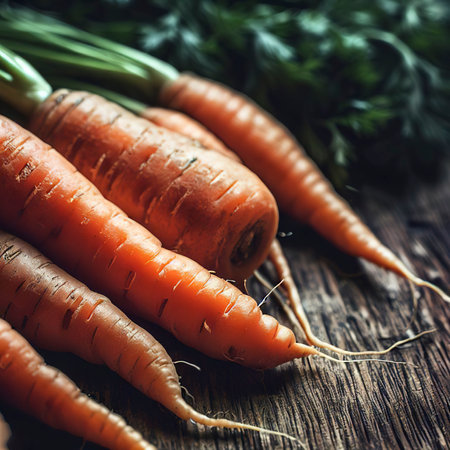 Fresh carrots on a rustic wooden tableの素材