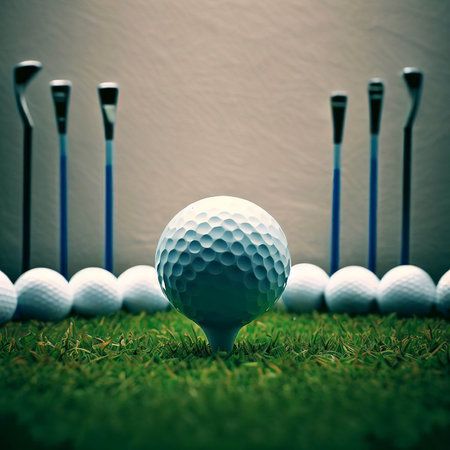 Golf ball and several tees on grass against a wallの素材